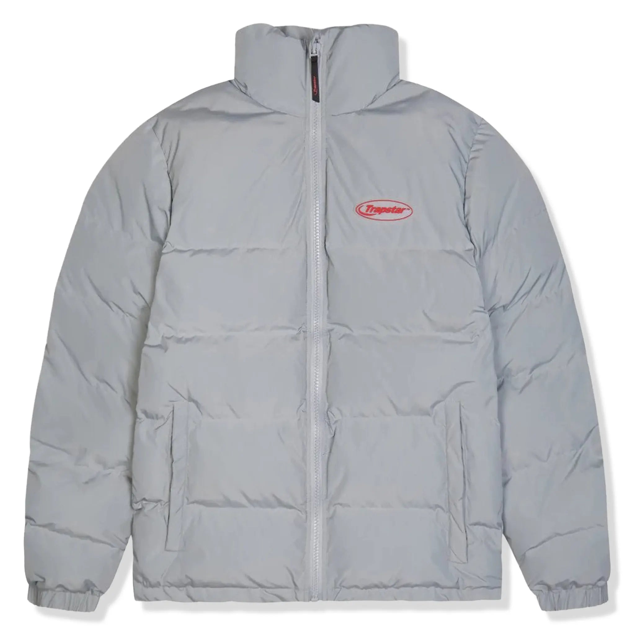 Front View of Trapstar Hyperdrive Light Grey Red Puffer Jacket TSTR-HYPLR