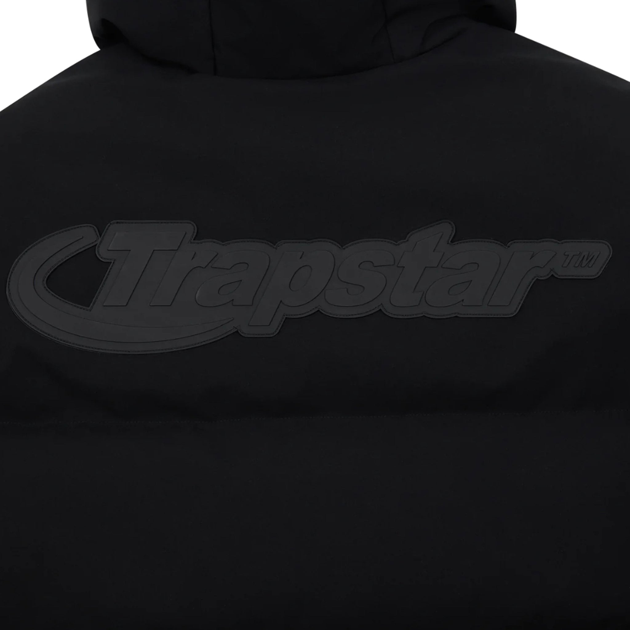 Back detail view of Trapstar Hyperdrive Technical Hooded Blackout Edition Puffer Jacket