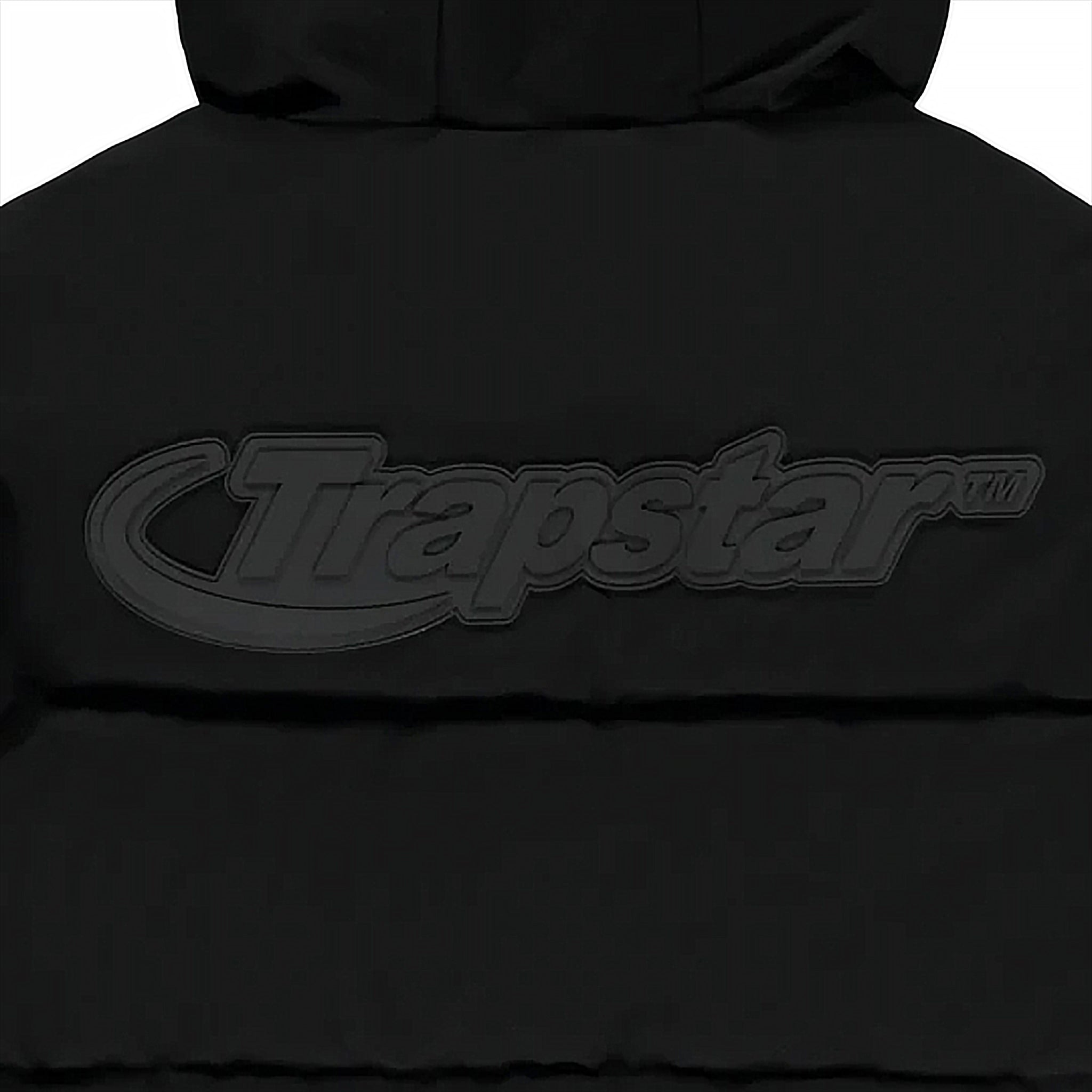 BAck logo view of Trapstar Hyperdrive Technical Hooded Puffer Jacket Black
