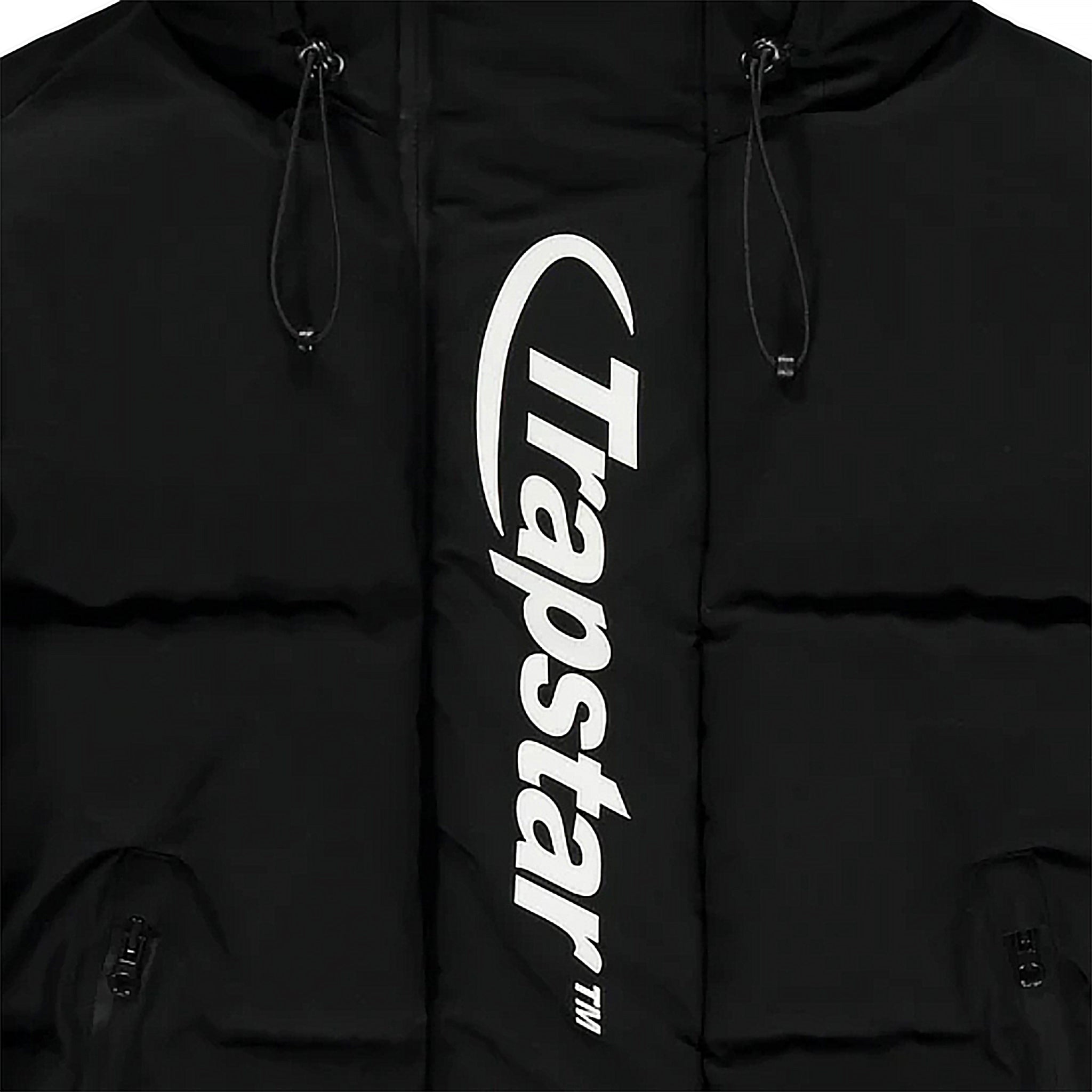 Front logo view of Trapstar Hyperdrive Technical Hooded Puffer Jacket Black
