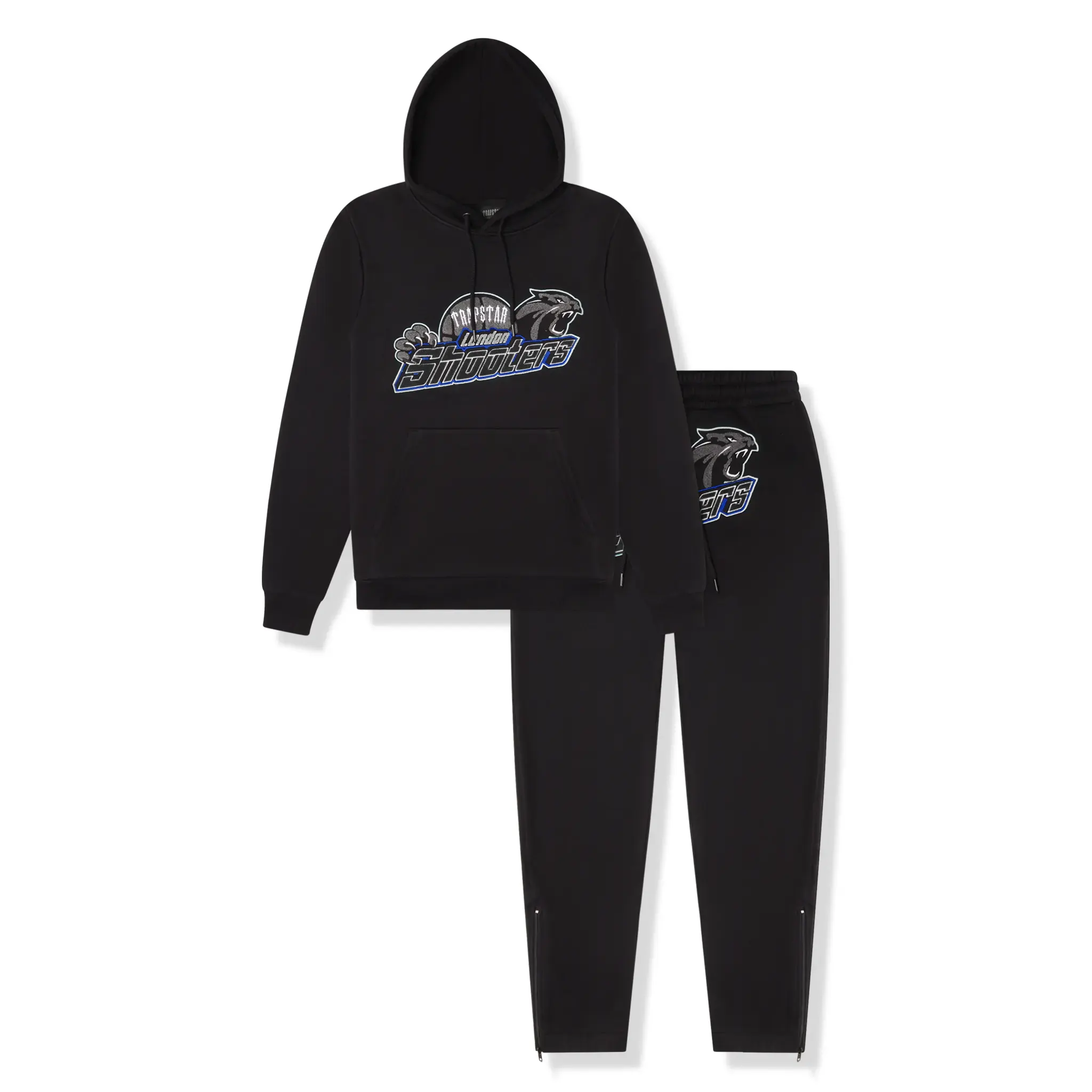Front view of Trapstar Shooters Black Blue Tracksuit