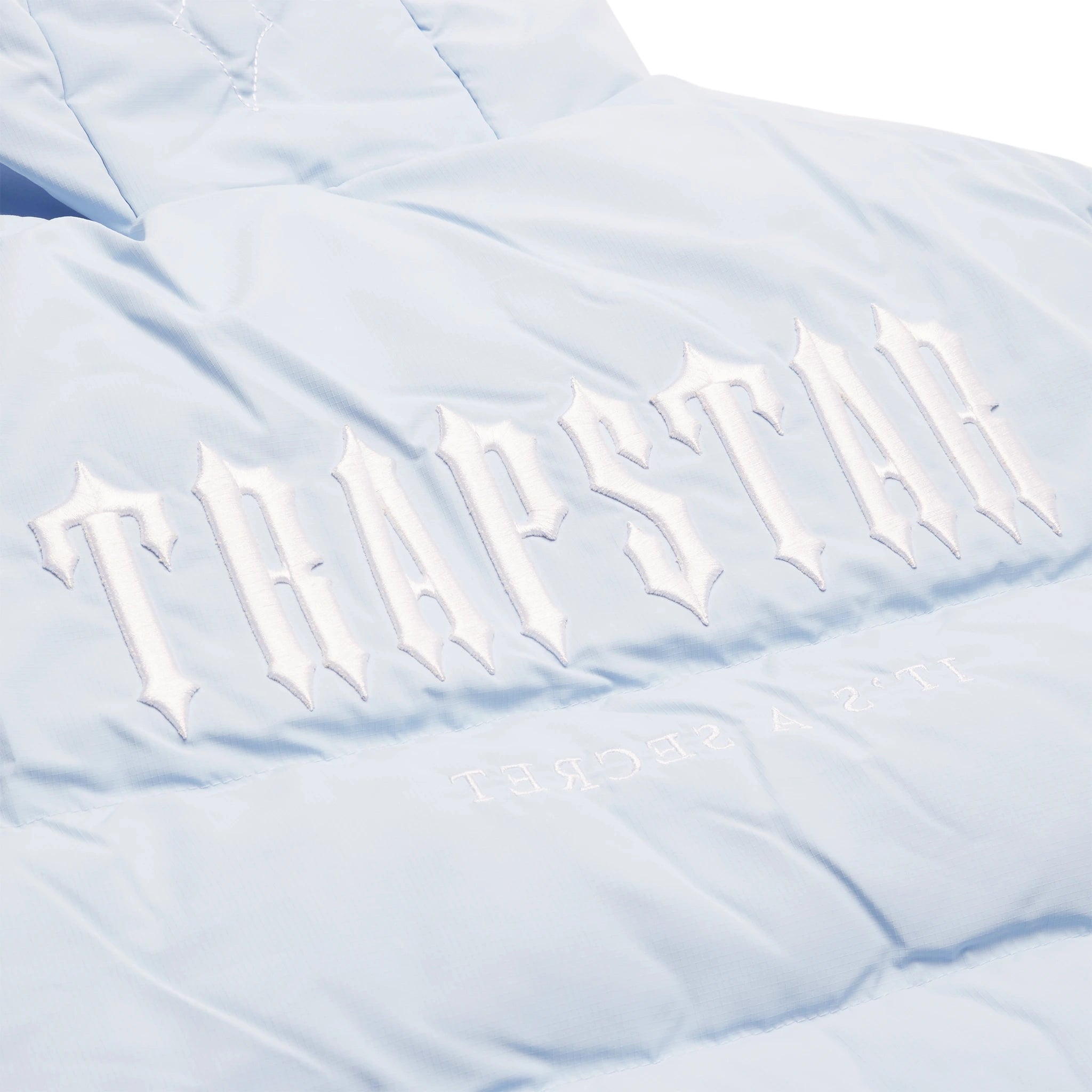 Back logo view of Trapstar Womens Decoded 2.0 Ice Blue Puffer Jacket