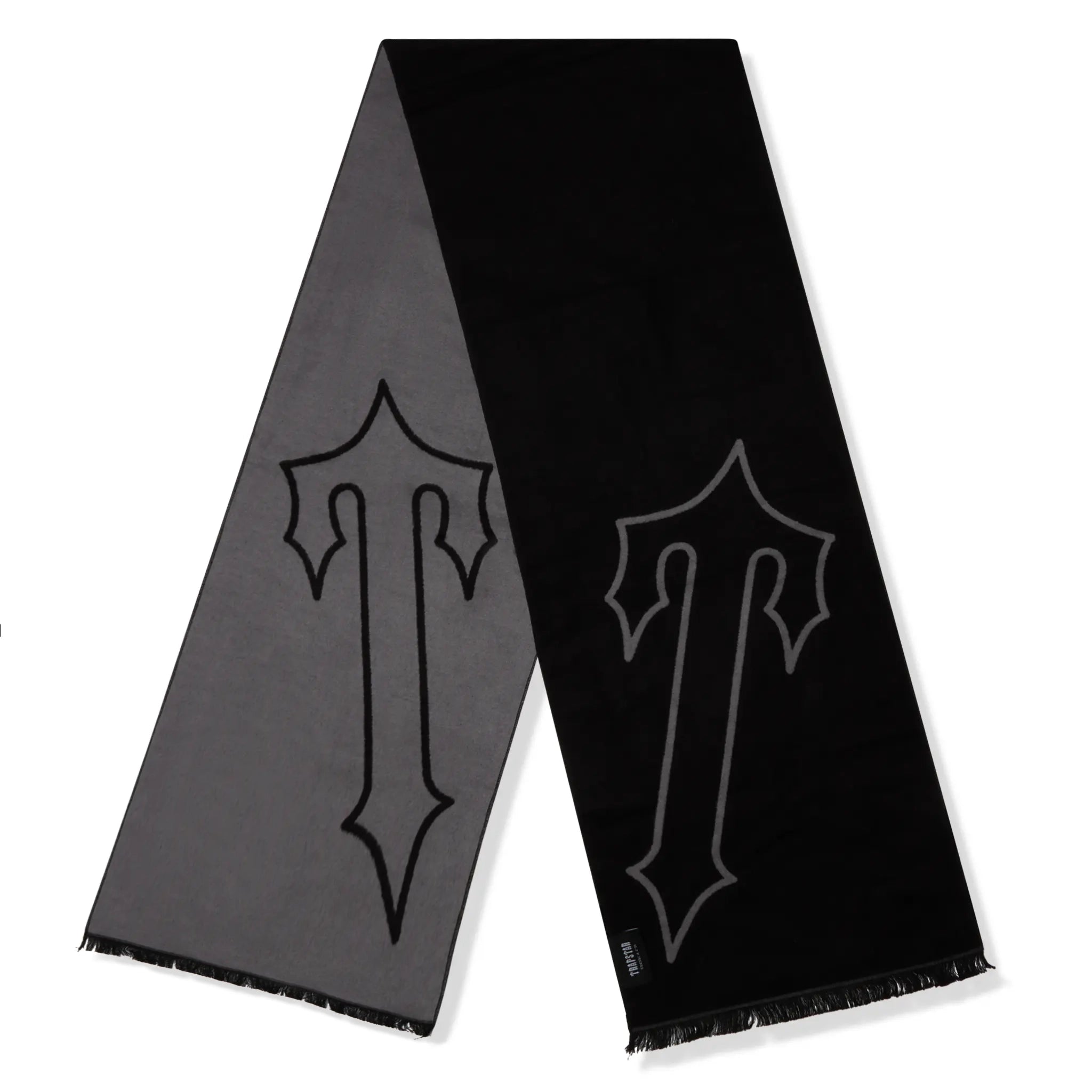 Front view of Trapstar Irongate Black Grey T Scarf 03492-08