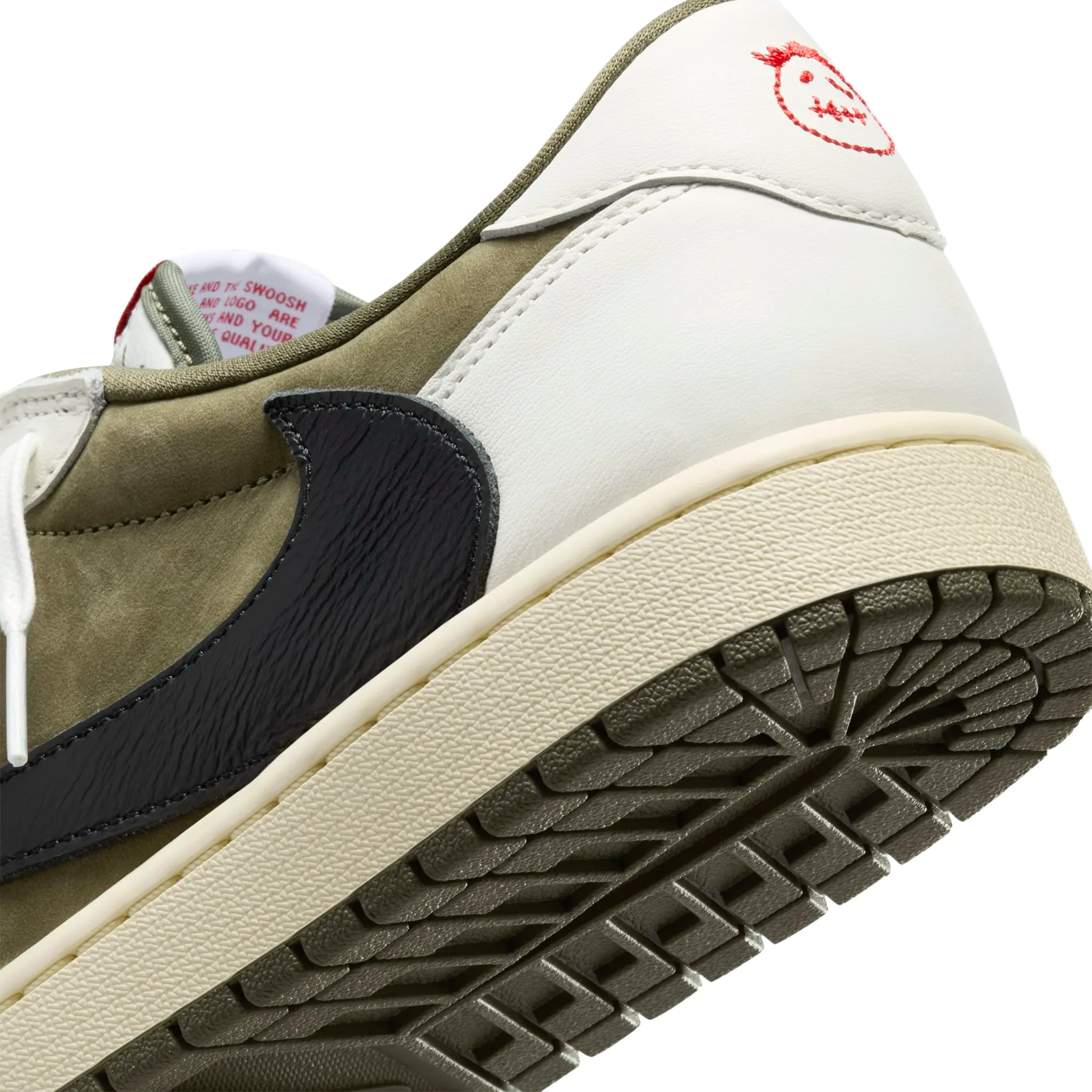 Heel view of Travis Scott x Air Jordan 1 Low OG Medium Olive DM7866-200