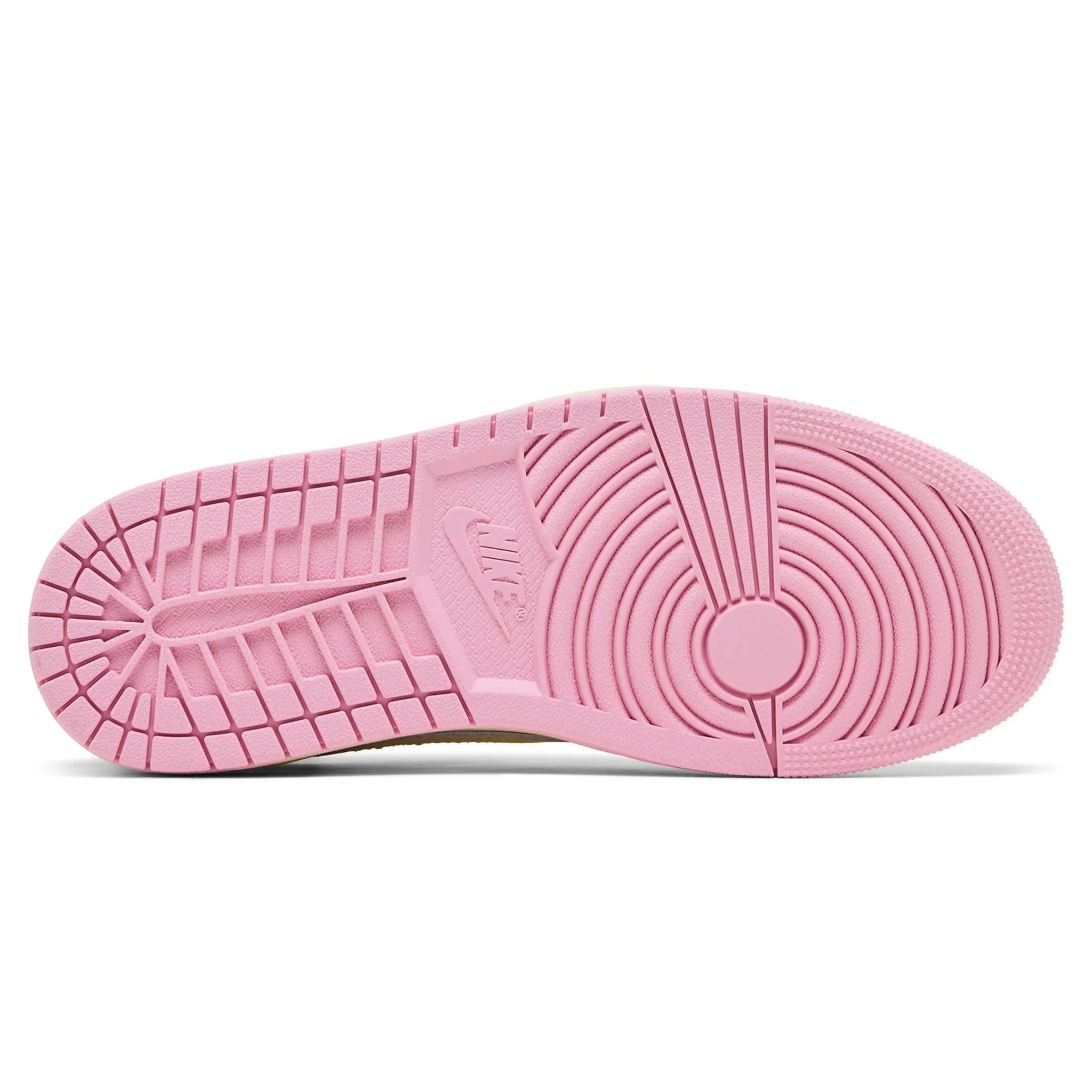 Sole View of Travis Scott x Air Jordan 1 Low OG Shy Pink IQ7604-100