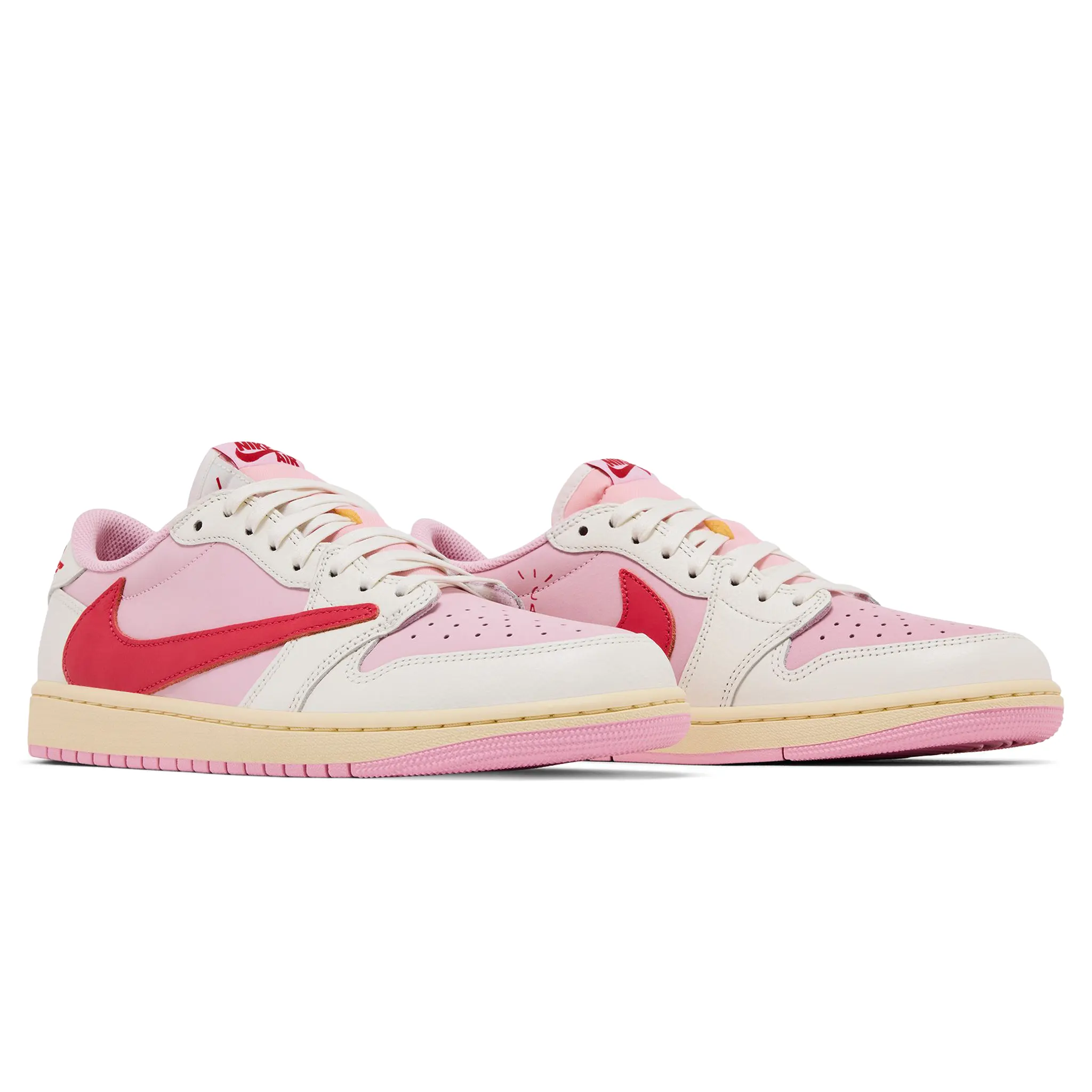 Front Side View of Travis Scott x Air Jordan 1 Low OG Tropical Pink IQ7604-101