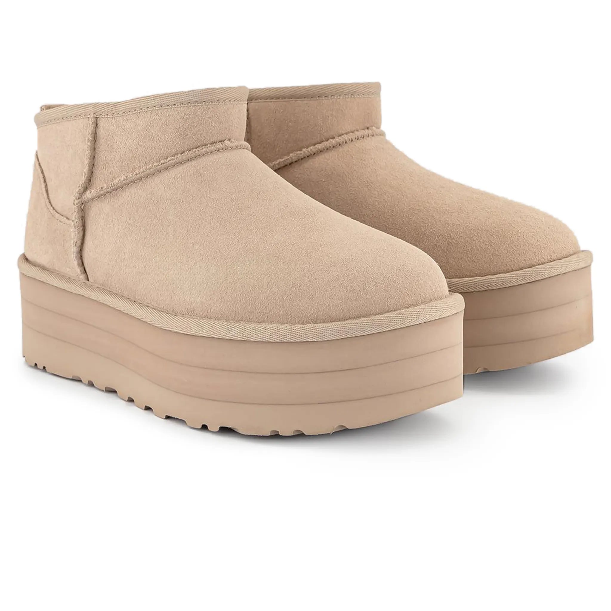 Front side view of UGG Classic Ultra Mini Platform Sand (W) 1135092-SNDT