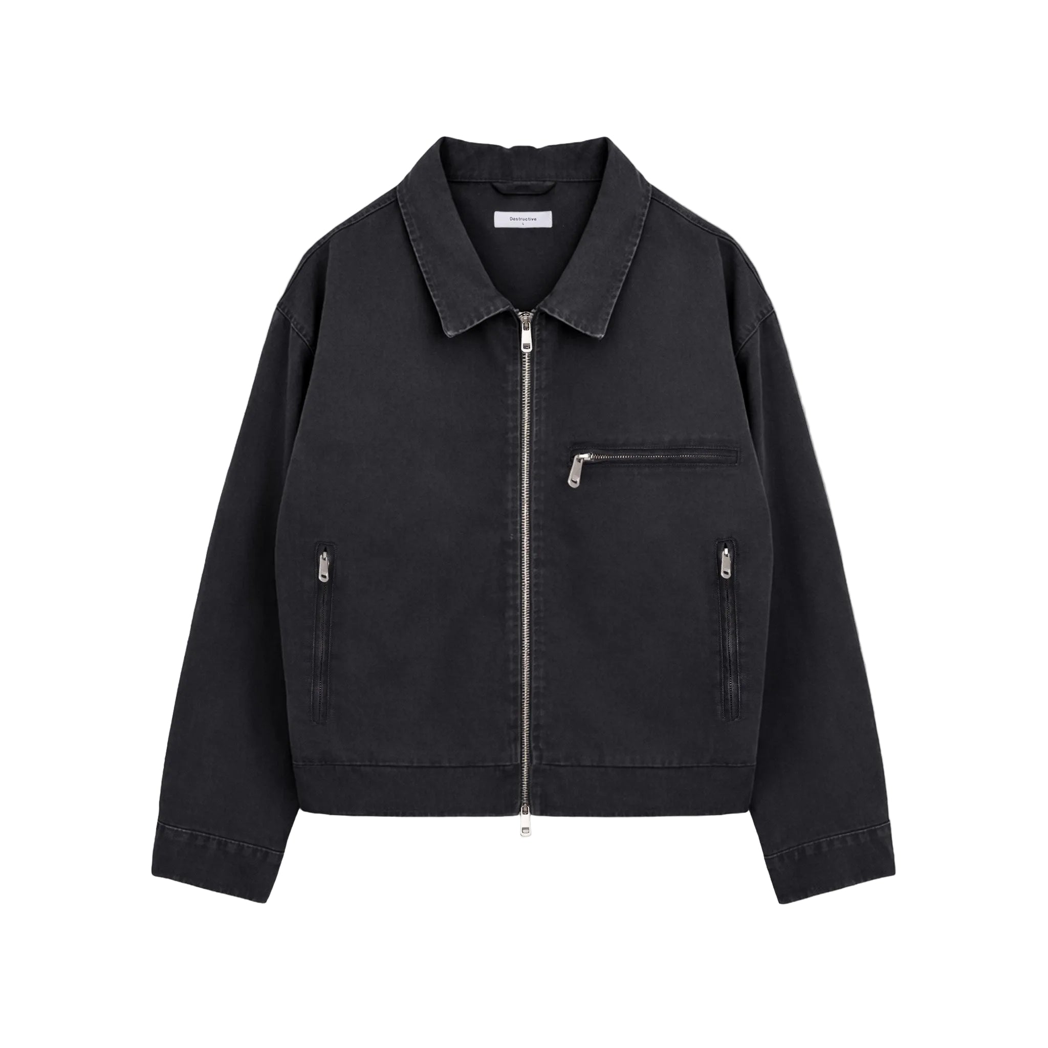 Front view of Destructive Utility Trucker Vintage Black Jacket