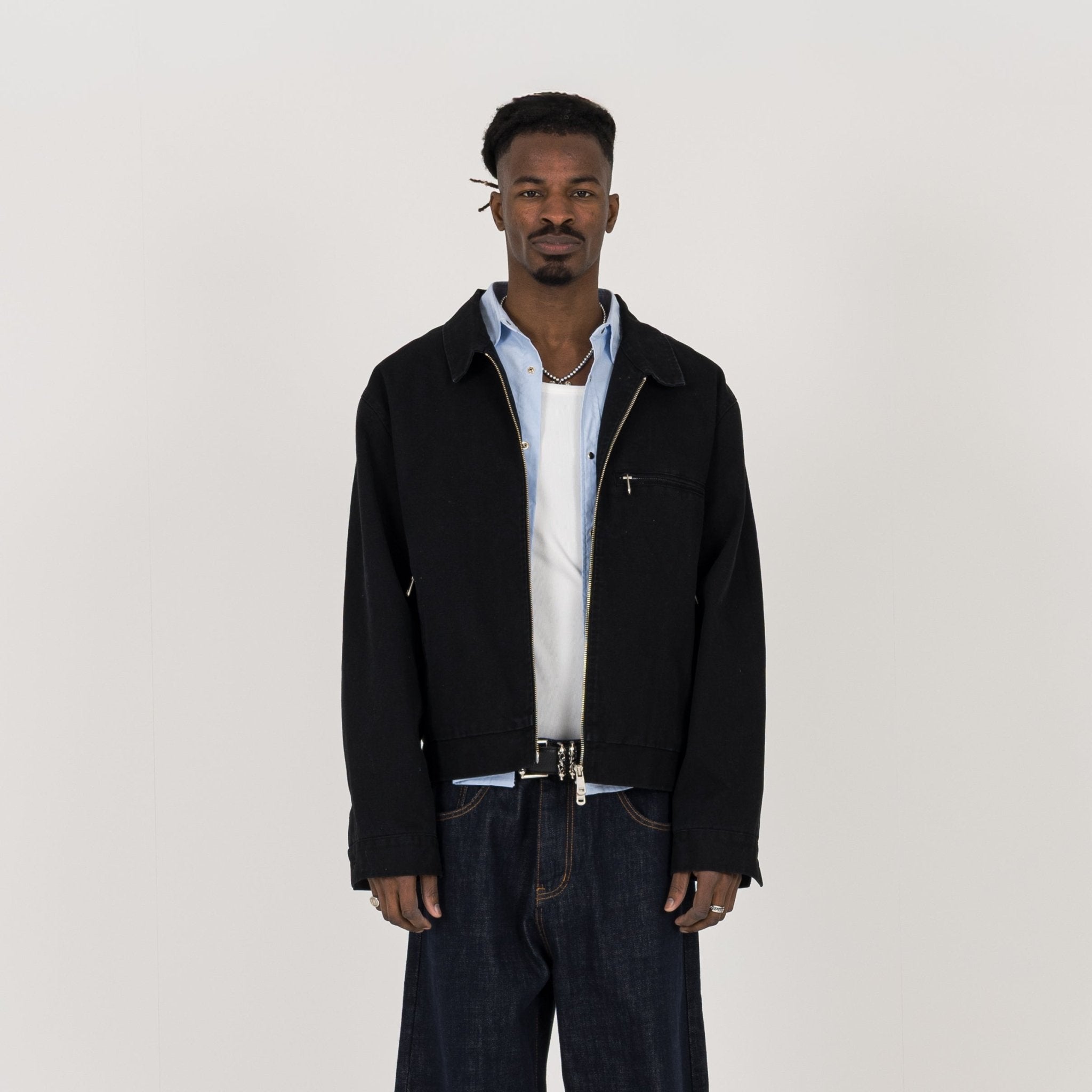 Detail view of Destructive Utility Trucker Vintage Black Jacket