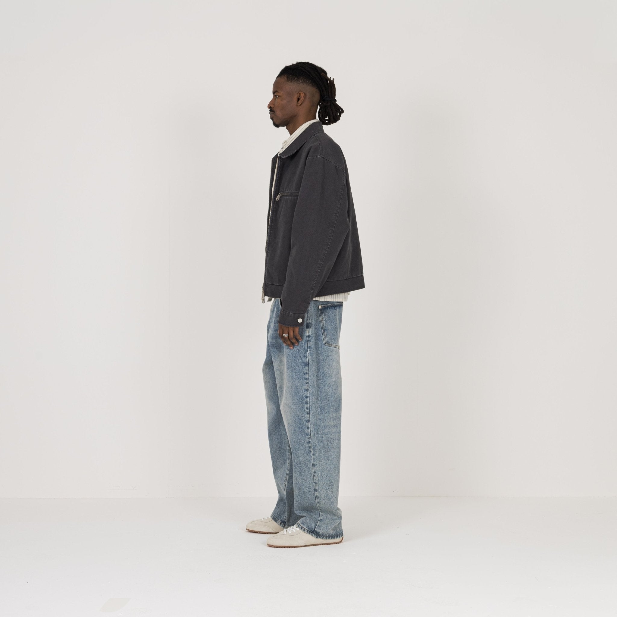 Model view of Destructive Utility Trucker Vintage Grey Jacket