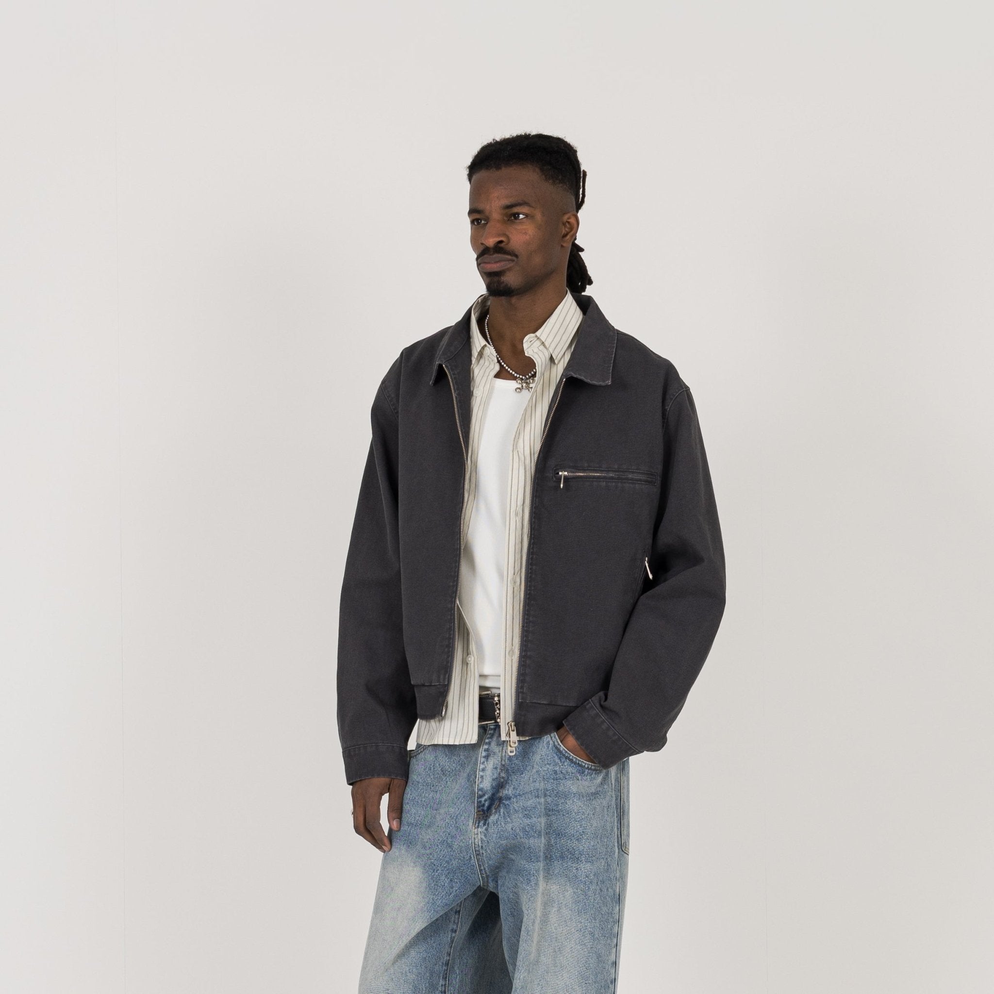 Model view of Destructive Utility Trucker Vintage Grey Jacket