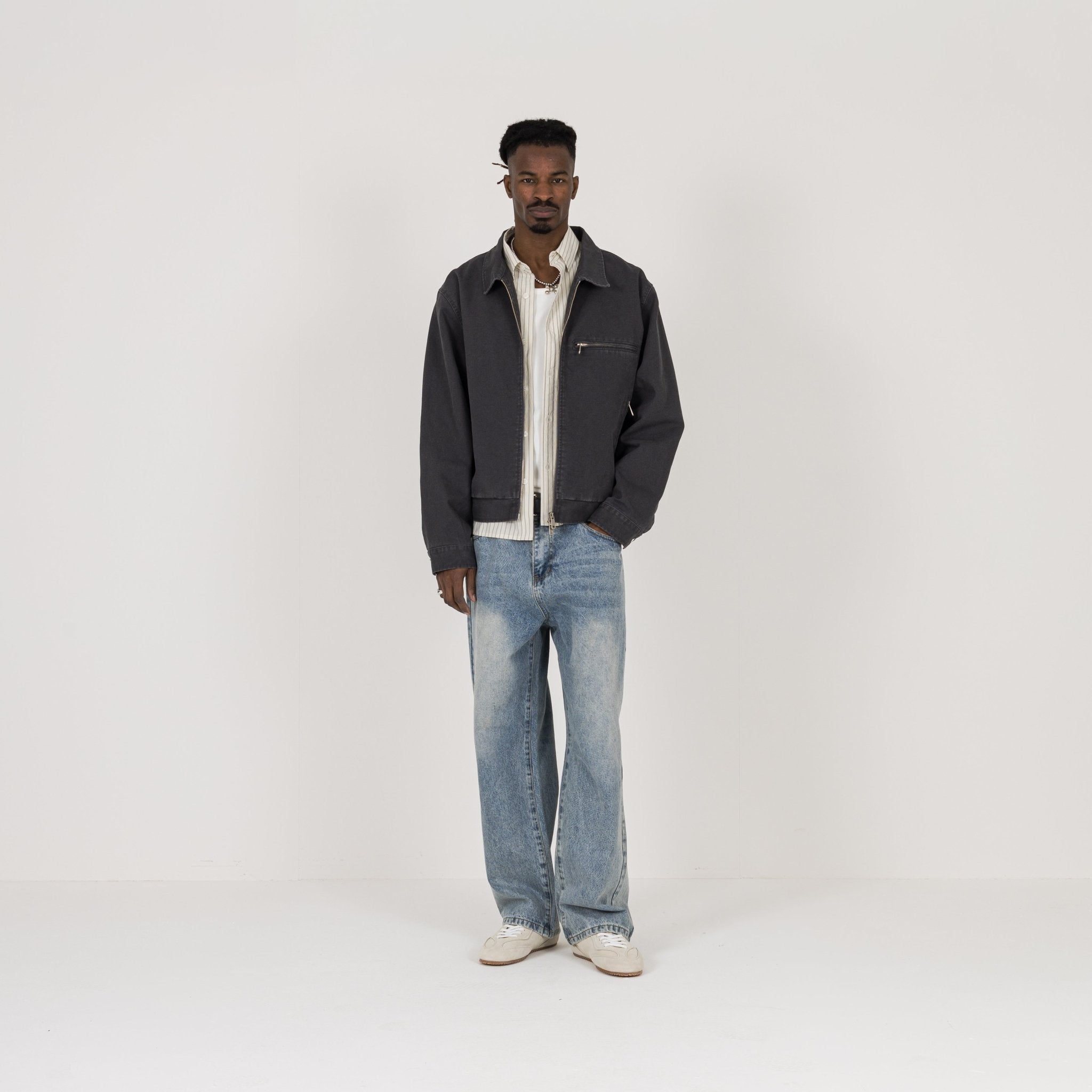 Model view of Destructive Utility Trucker Vintage Grey Jacket