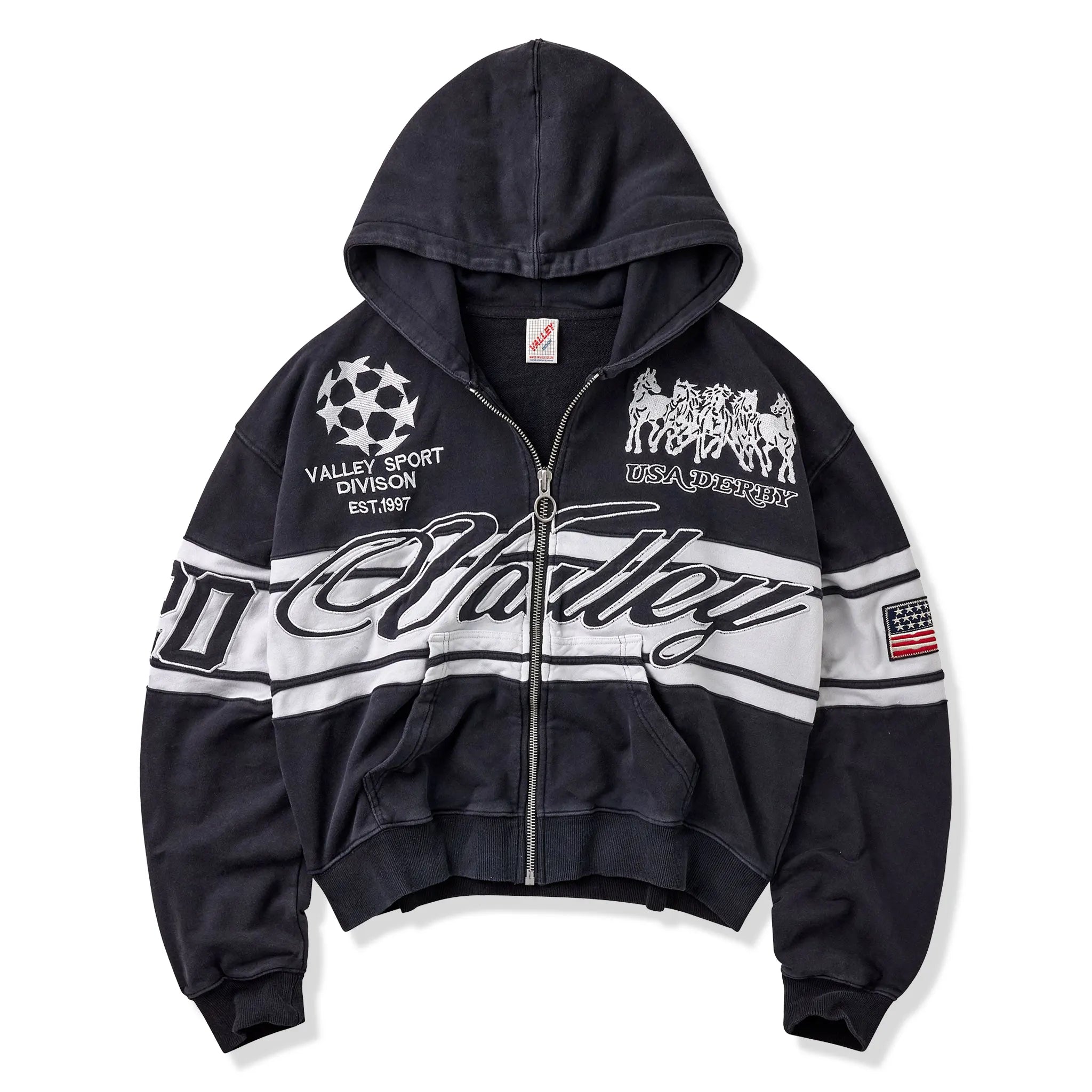 Front View of Vale Forever Cursive Black Zip-Up Hoodie