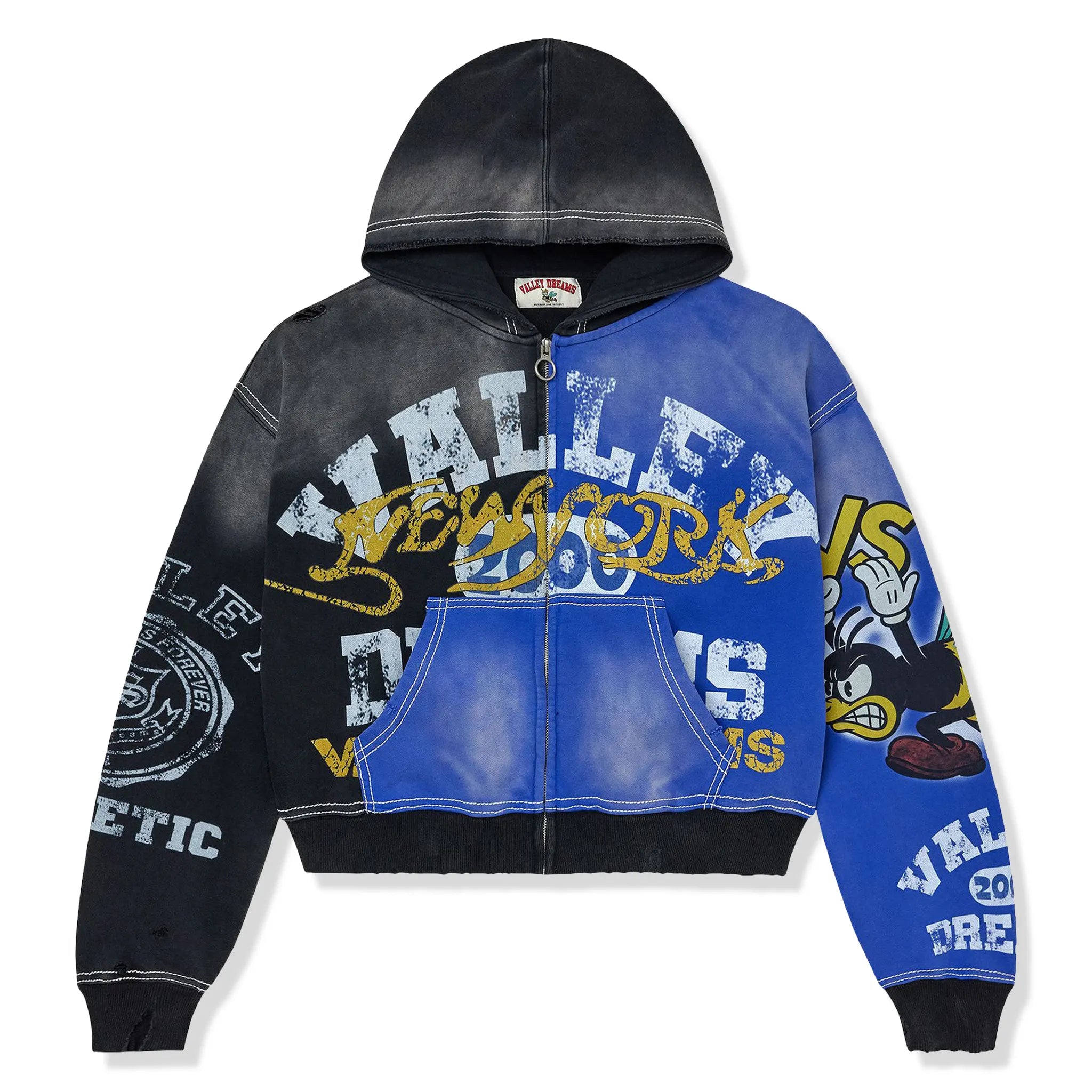 Front View of Vale Forever Valley Dreams Bipolar Black Blue Zip-Up Hoodie