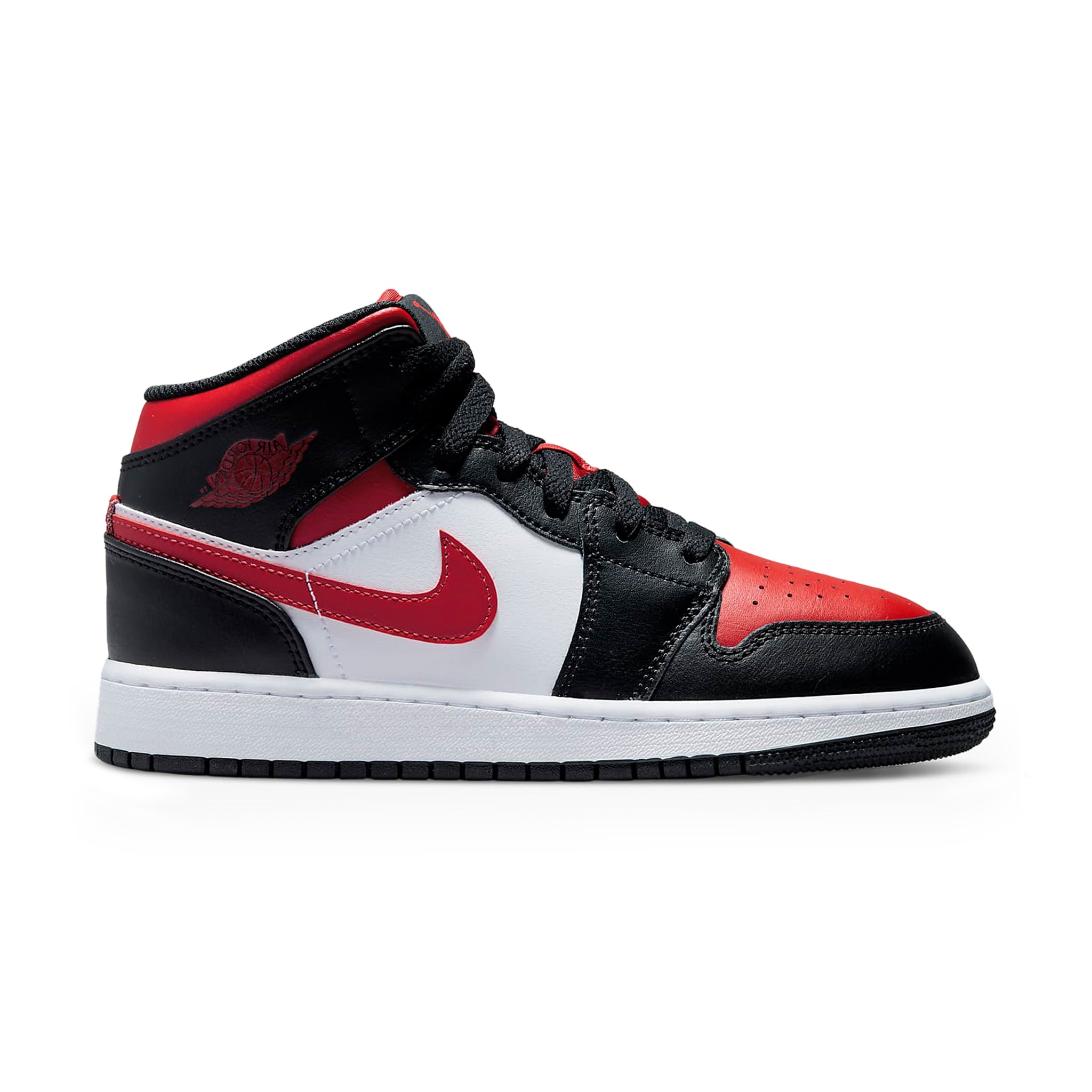 Front view of Air Jordan 1 Mid Black Fire Red (GS) 554725-079
